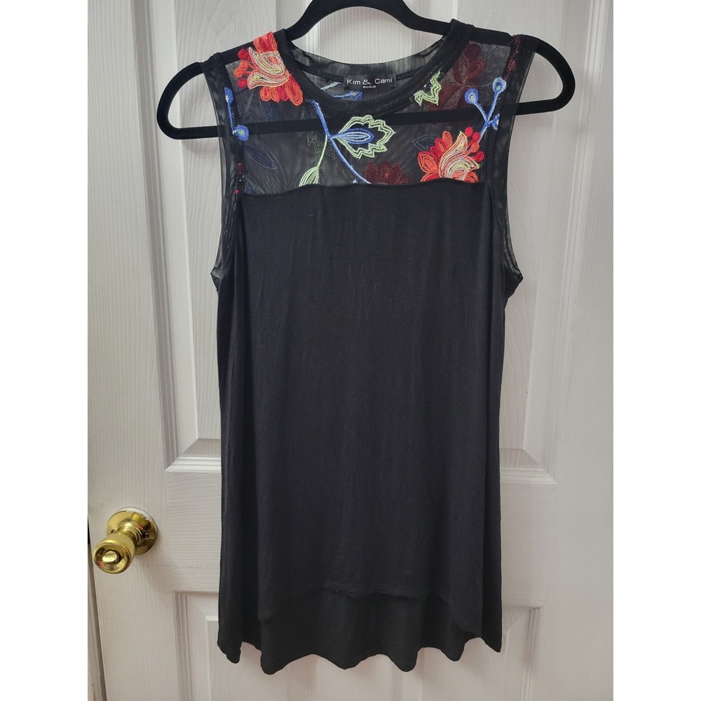 Kim & Cami Womens Black Floral Embroidered Mesh Yoke Sleeveless Top‎ Medium